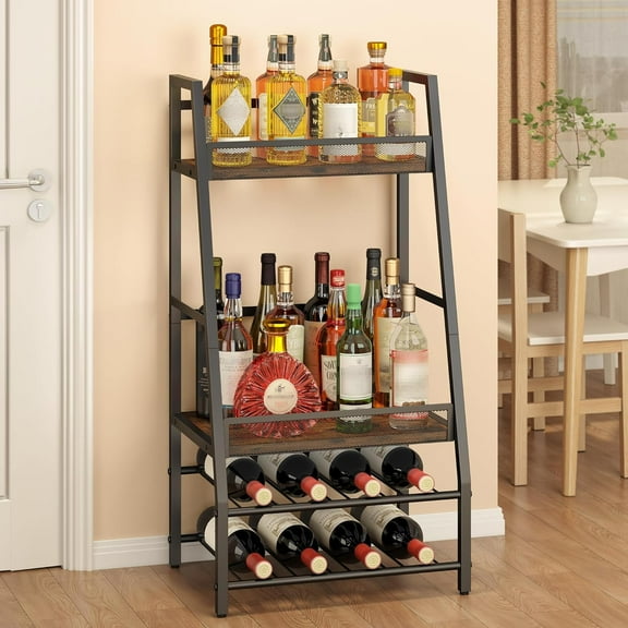 4-Tier Trapezoid Wine Rack Freestanding Floor, Stepped Mini Liquor Cabinet Corner Bar Stand Whiskey Liquor Bottle Display Shelf for Living Room, Kitchen or Dining Room