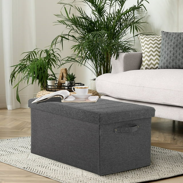 Seville Classics Foldable Storage Bench Ottoman with Handles (Modern Gray), 30" W x 15.7" D x 15.7" H
