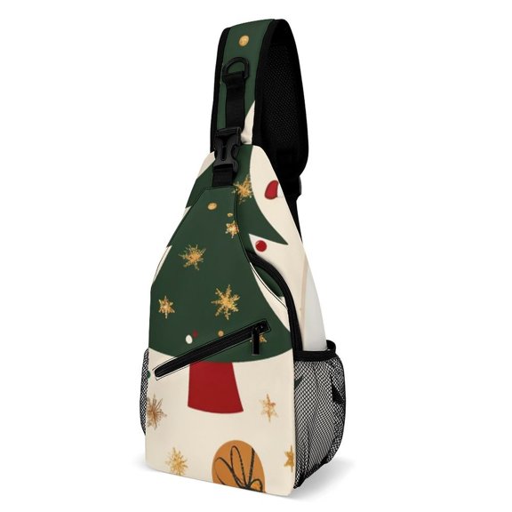 Twill Chest Bag Pack Unisex – Multi‑Pocket with Mesh Side Pockets Adjustable Strap – Christmas Tree Pattern