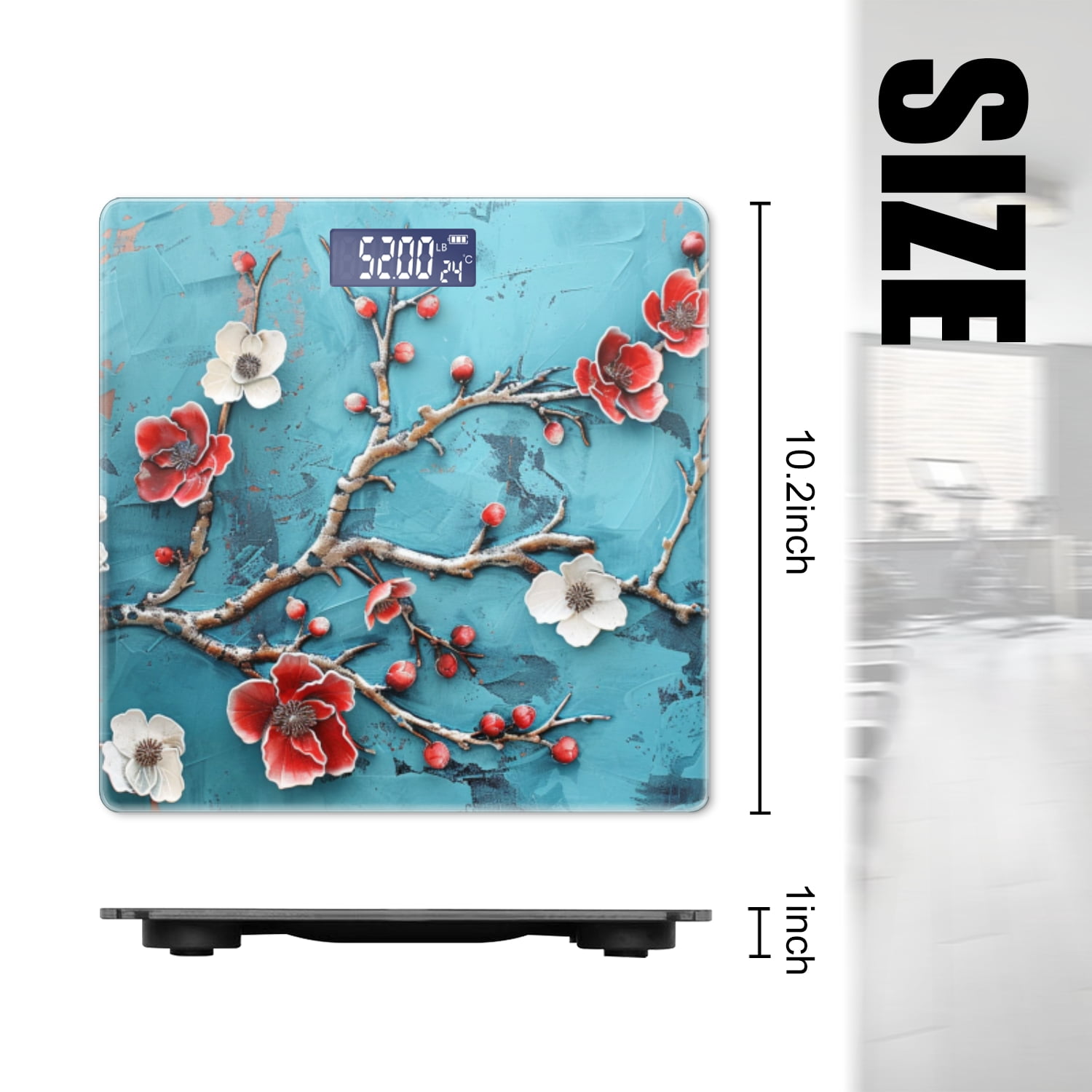 High Precision Body Weight Scale Smart Bathroom Scales with Large LCD Display(400lbs),Decorative for Bedroom-Textured Painting Of Red And White Flowers On Turquoise Background