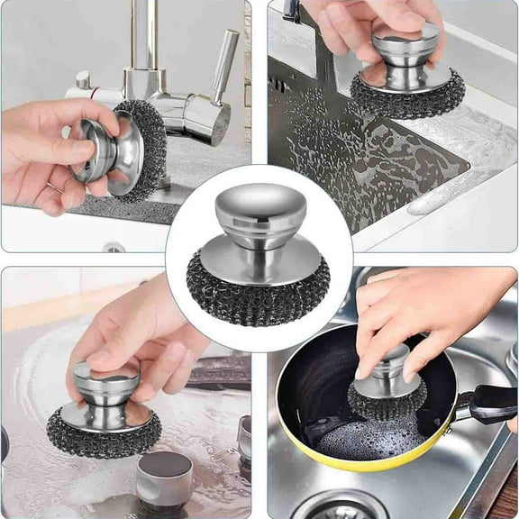 Durable Scrubbing Cleaning Brush With Handle,Stainless Steel Sponge Scrubber for Cleaning Pot Pan Skillet,Cleaning Utensil Scrubber,Cleaning Ball Brush,Washing Pot Brush With Handle,Silver,3.54x2.56"