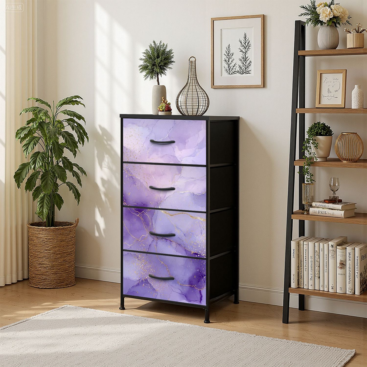 Boho Dresser for Bedroom with 4 Storage Drawers Violet lavender liquid watercolor marble golden lines Pastel purple Dressers Chest of Drawers Steel Framed Fabric Closet Organizers for Entryway