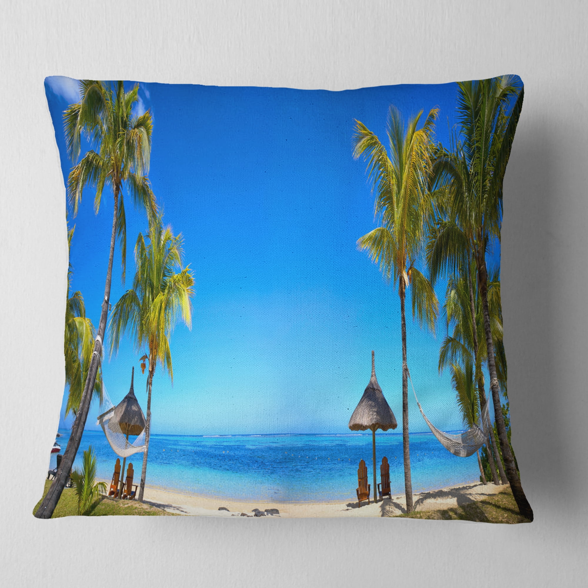 Designart Mauritius Beach with Chairs - Seashore Photo Throw Pillow - 16x16