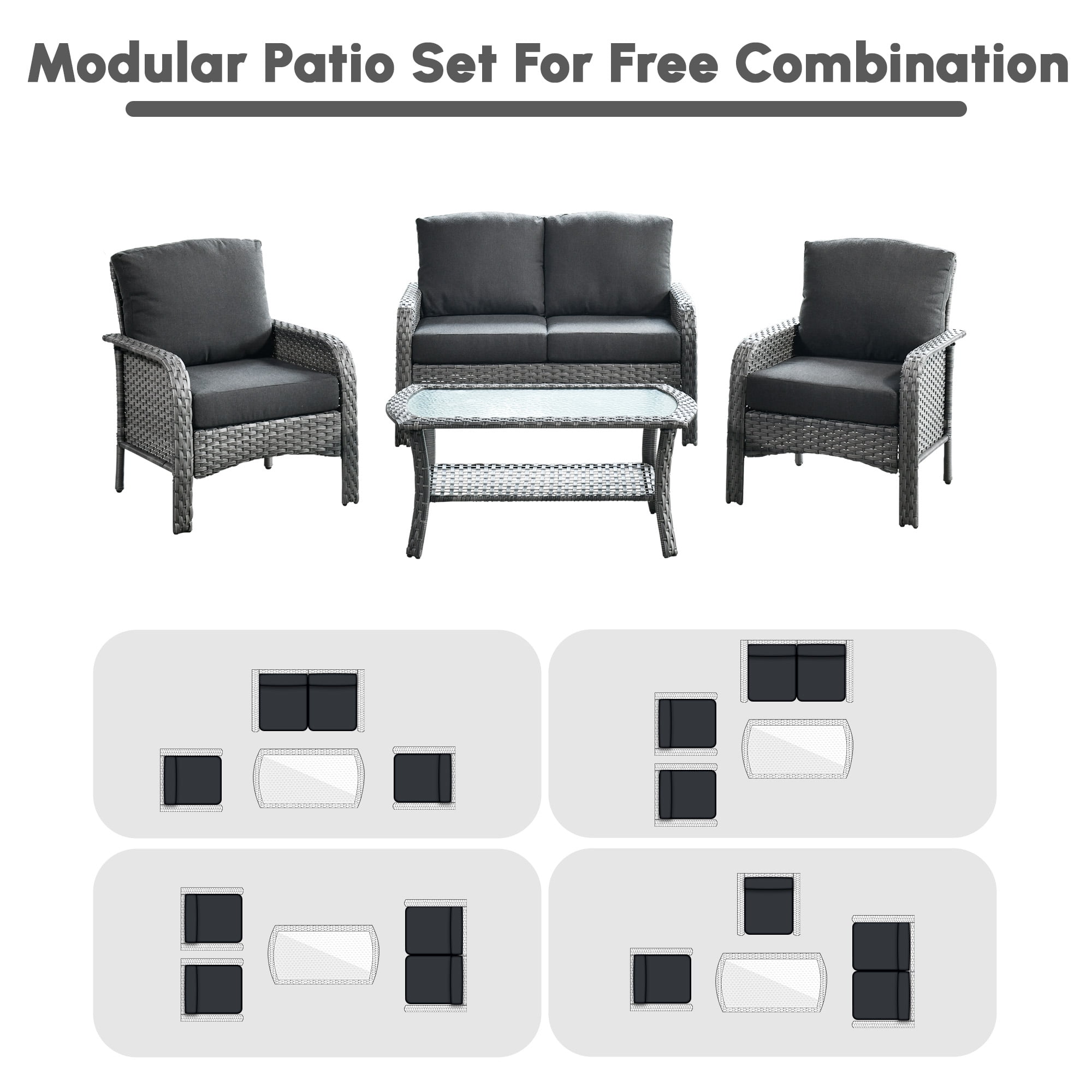 Ovios 4 Pieces Wicker Outdoor Patio Furniture with Coffee Table High Back All Weather Rattan Outdoor Sectional Conversation Set for Backyard Porch Garden, Black