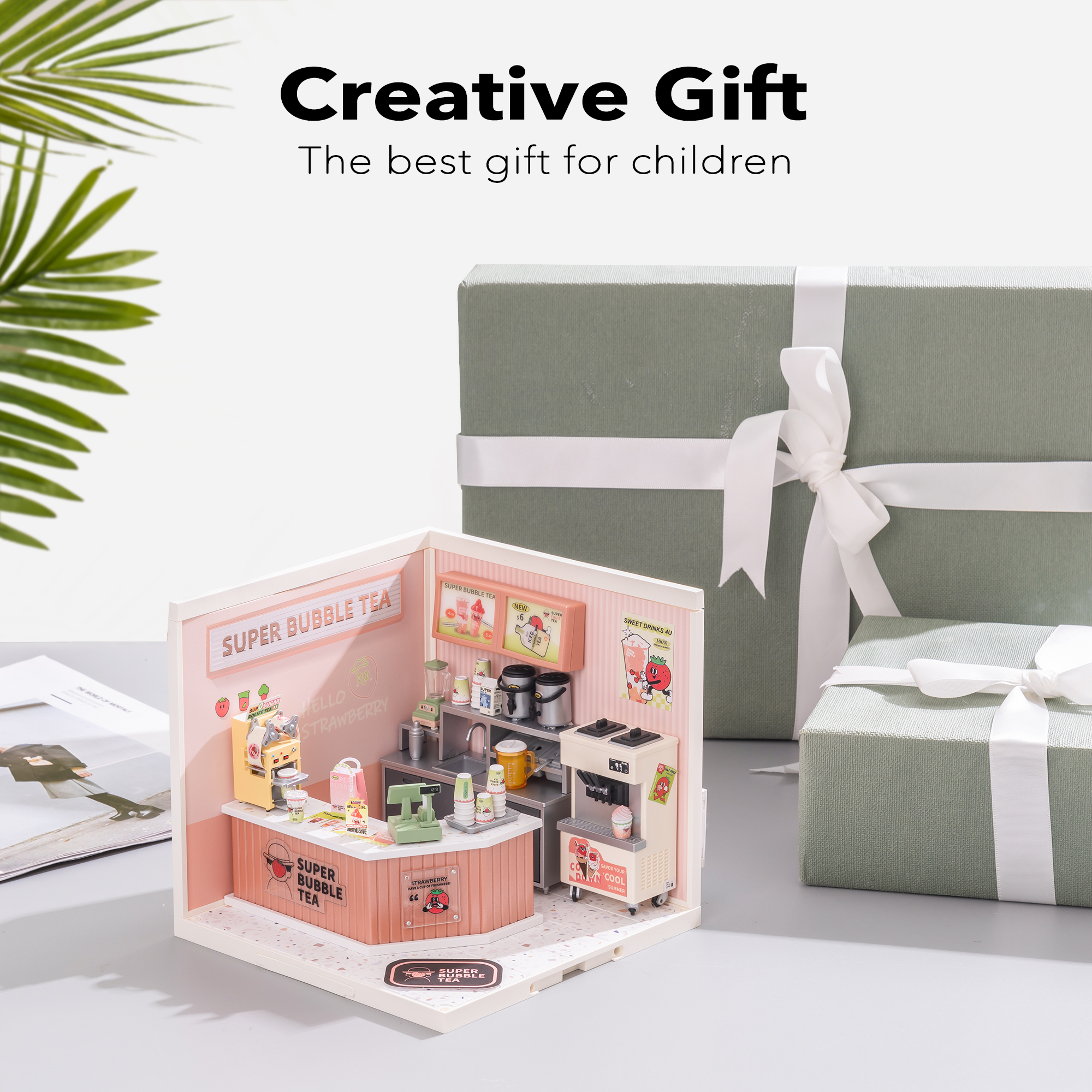 ROBOTIME Super Creator DIY Miniature House Kit,Tiny Home Craft Kits with LED,Mini Dollhouse Building Set,Gifts for Teens Adults(Double Joy Bubble Tea)