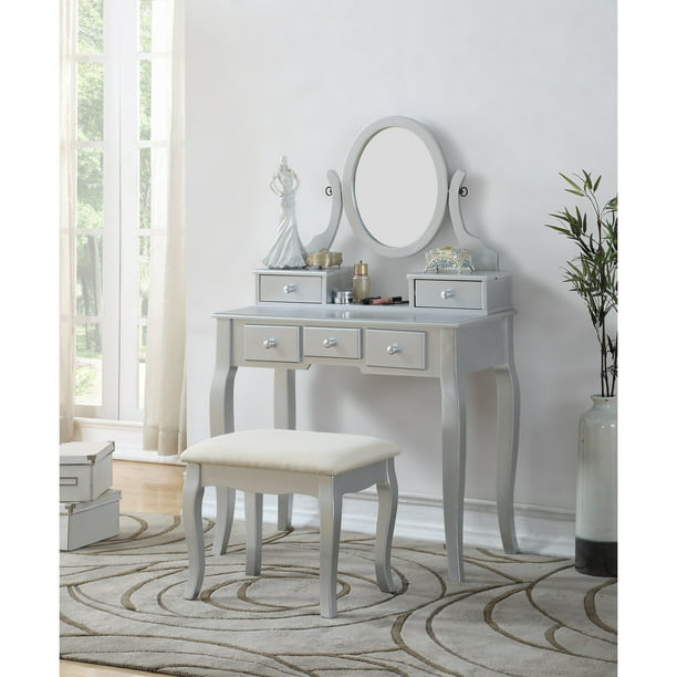 Roundhill Furniture Ashley Wood Make, Silver Vanity Mirror Set