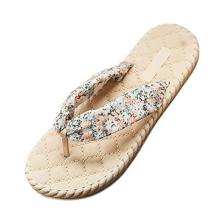

Babysbule Women s Slippers Clearance Imitation Straw Espadrille Women s Sandals Floral Flat Beach Flat-heel Clip-on Women s Slippers