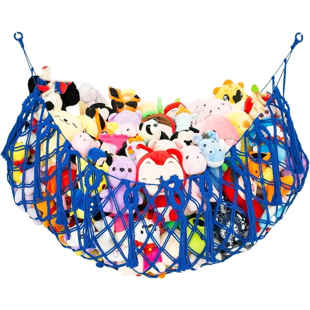 Stuffed Animal Storage Hanging Net or Hammock for Stuffed Animals Handmade Toy Hammock Plush Toy Hammock Organizer (Blue)
