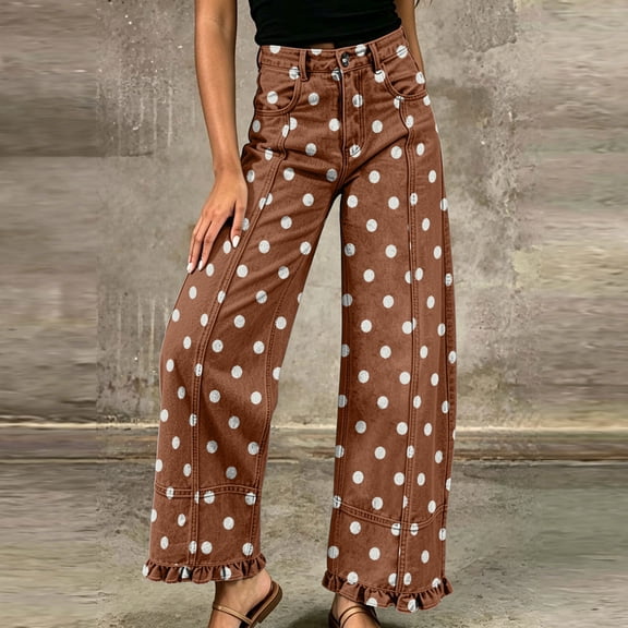 Axiiglly Womens Wide Leg Jeans Polka Dot High Waisted Straight Ruffle Hem Boho Denim Pants with Pockets