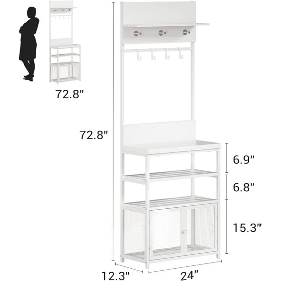 Yeshouse Hall Tree with Mesh Doors, 72.8in White Coat Rack Shoe Storage, Narrow Coat Tree Shoe Shelf Organizer with 7 Hooks for Entryway, Bedroom
