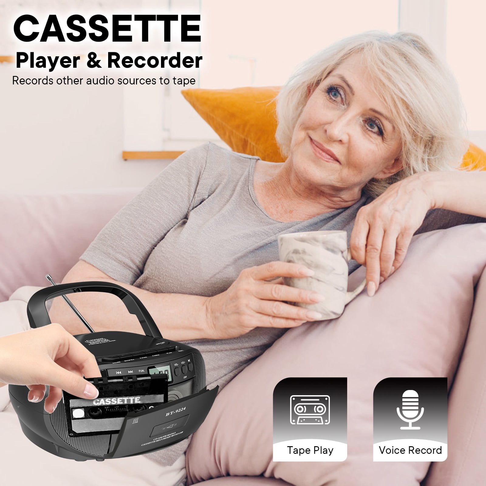 Boombox CD and Cassette Player,Casette Tape Recorder with Remote,AM FM Radio, USB Playback with Earphone Jack, 5.1V Bluetooth Speaker, Battery Operated or AC Powered for Home