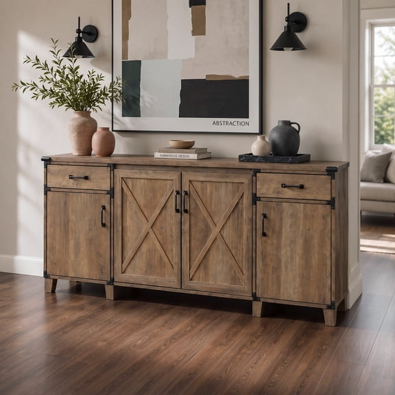 Meeyar Sideboard Buffet Cabinet, Rustic Wood Storage Credenza with Doors & 2 Drawers, Large Console Table with Adjustable Shelves for Living Room Kitchen Entryway
