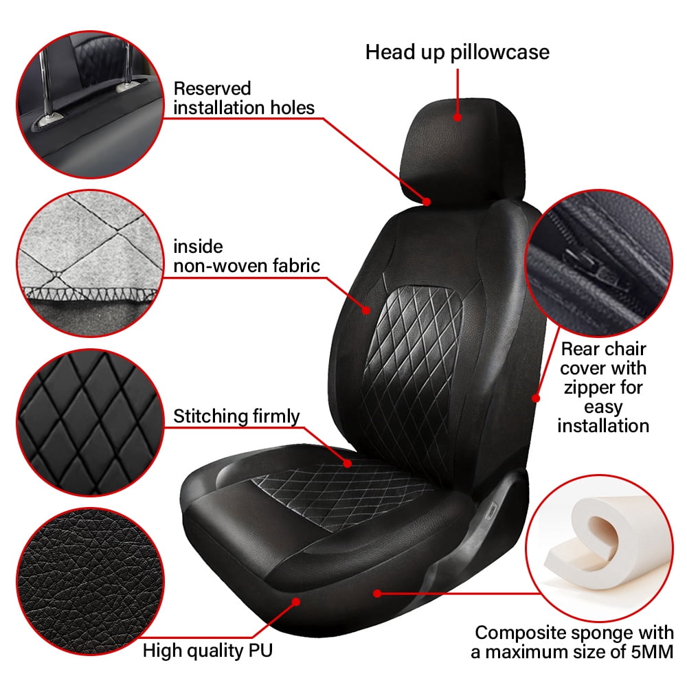 XiongXiong 9 Pcs PVC Leather Car Seat Covers Full Set, Front & Rear Bench Waterproof Seat Cover Fit for SUV,Sedan,Van, Airbag Compatible, Black