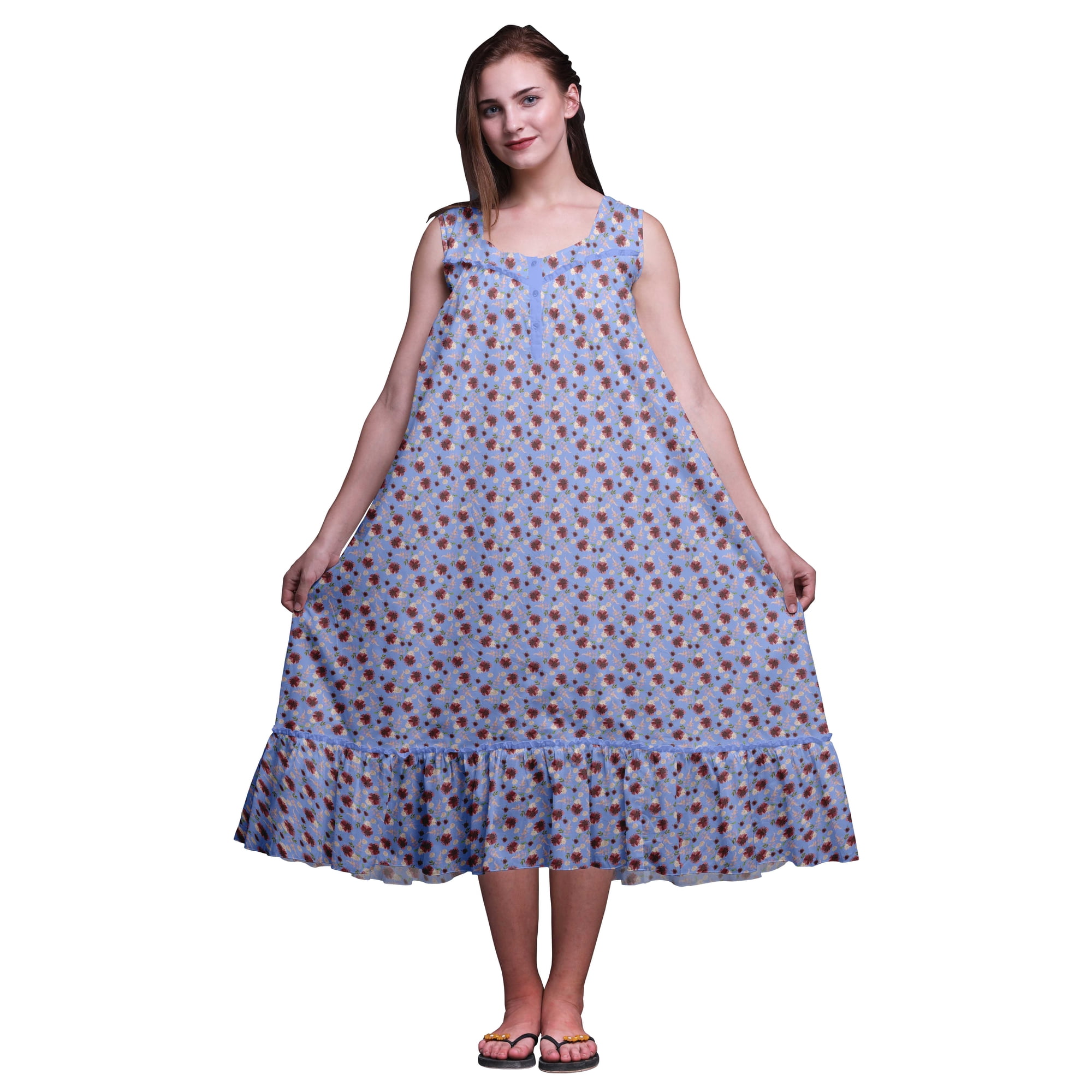 Bimba Lavender Blue6 Floral Leaves & Chrysanthemum Printed Cotton Nightgowns For Women Sleeveless Gown Sleepwear Maxi Dress X-Small