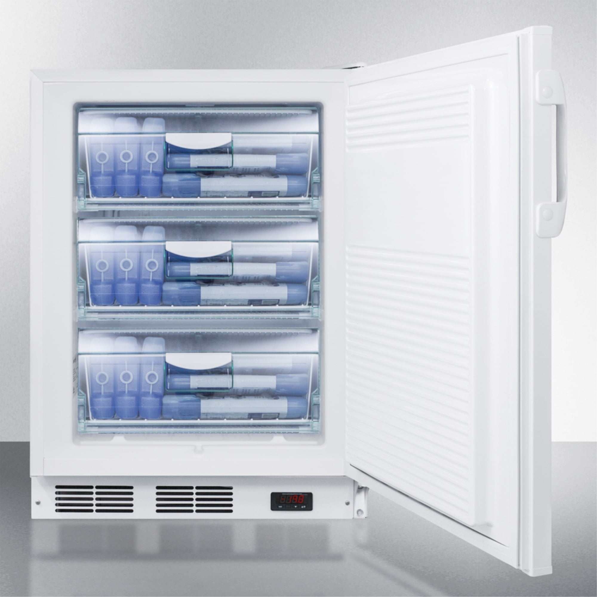 ADA compliant built-in undercounter medical all-freezer capable of -25 C operation, white with front lock