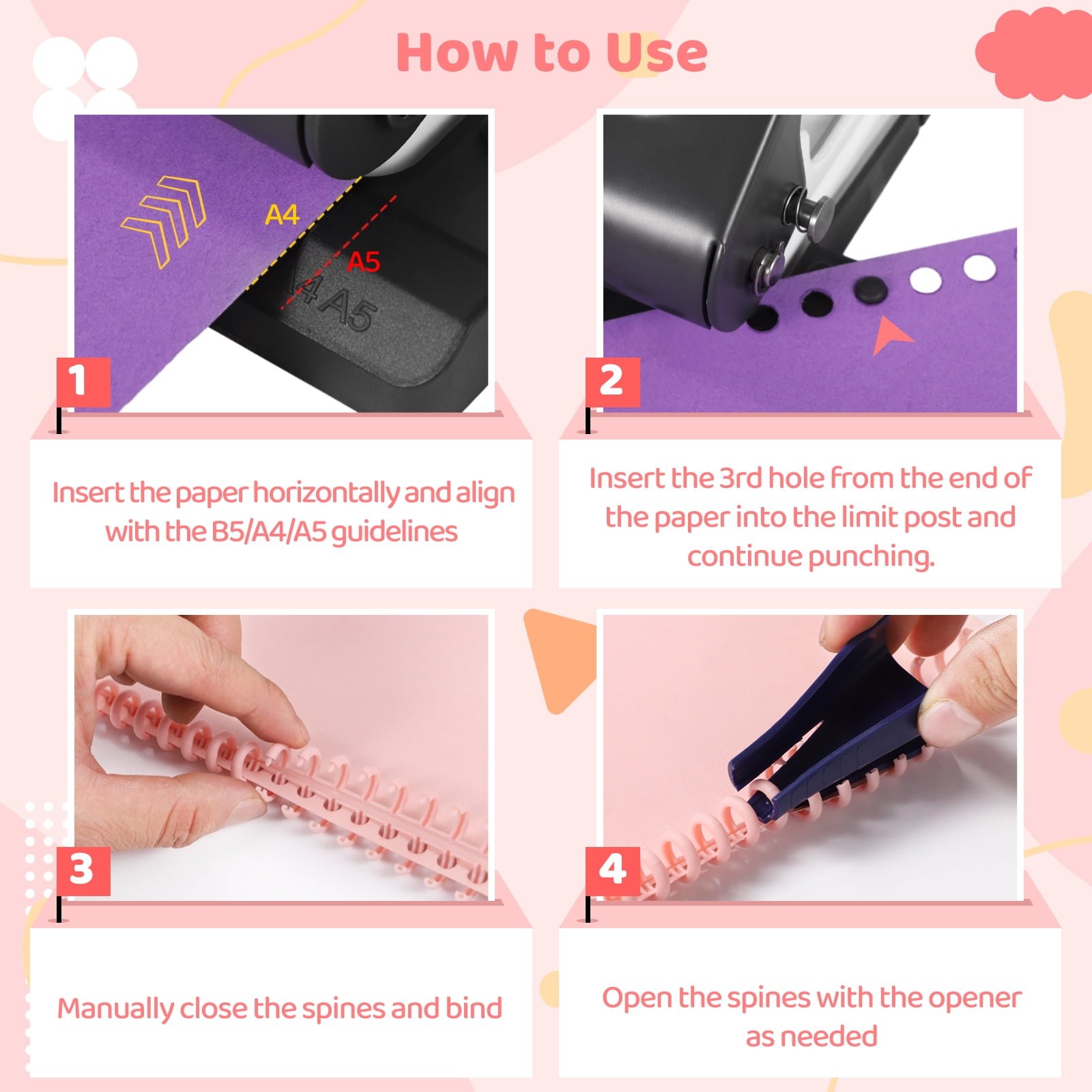 10-Holes Mini Manual Binding Machine, Book Binding Machine with 4-Color Binding Spines, Multipurpose Coil Binding Machine for Home Office