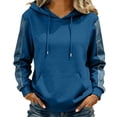 thumbnail image 4 of Denim Patchwork Hoodies for Women Loose Hooded Drawstring Pullover Sweatshirt Fall Long Sleeve Casual Tops with Pockets, 4 of 5