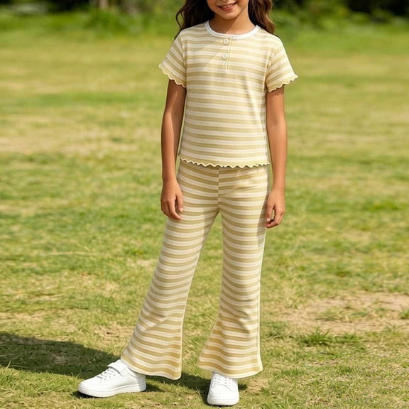 ITSAME Girls Outfits 2-Piece Striped Ruffle Short Sleeve Top & Flared Pants Kids Casual Fashion Set Yellow Size 5T