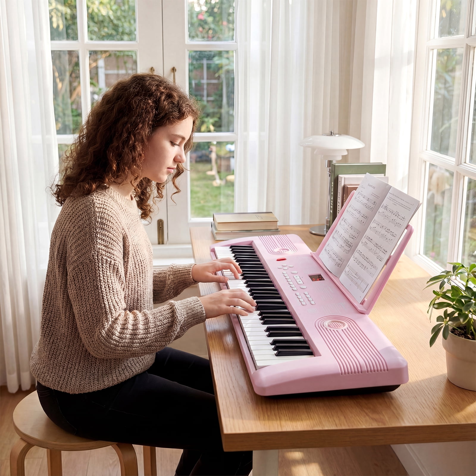 Costway 61Key Keyboard Piano for Beginners,Electric Portable Digital Piano with Music Stand Pink