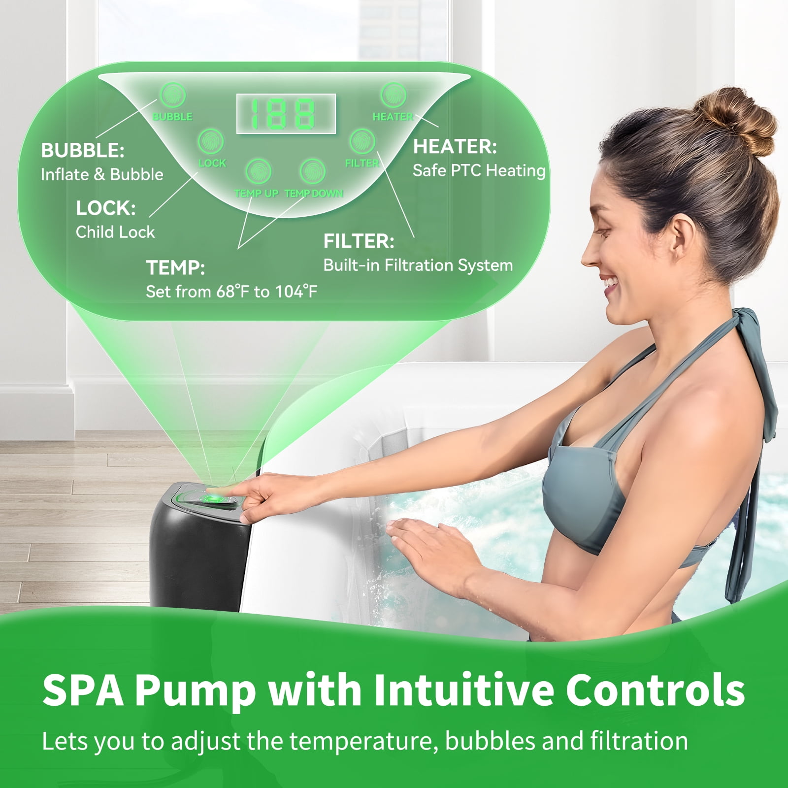 MOPHOTO 4-6 Person Inflatable Hot Tub, 73” X 73”X 25” Large Square Blow Up Portable Hot Tub, Leak-Proof PVC Outdoor Spa with 130 Air Jets, Insulated Cover and Heater Pump