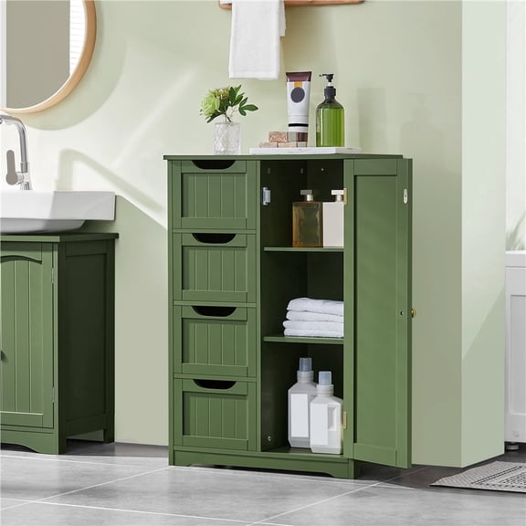 Yaheetech Modern Wooden Bathroom Storage Cabinet with 4 Drawers and Cupboard, Green