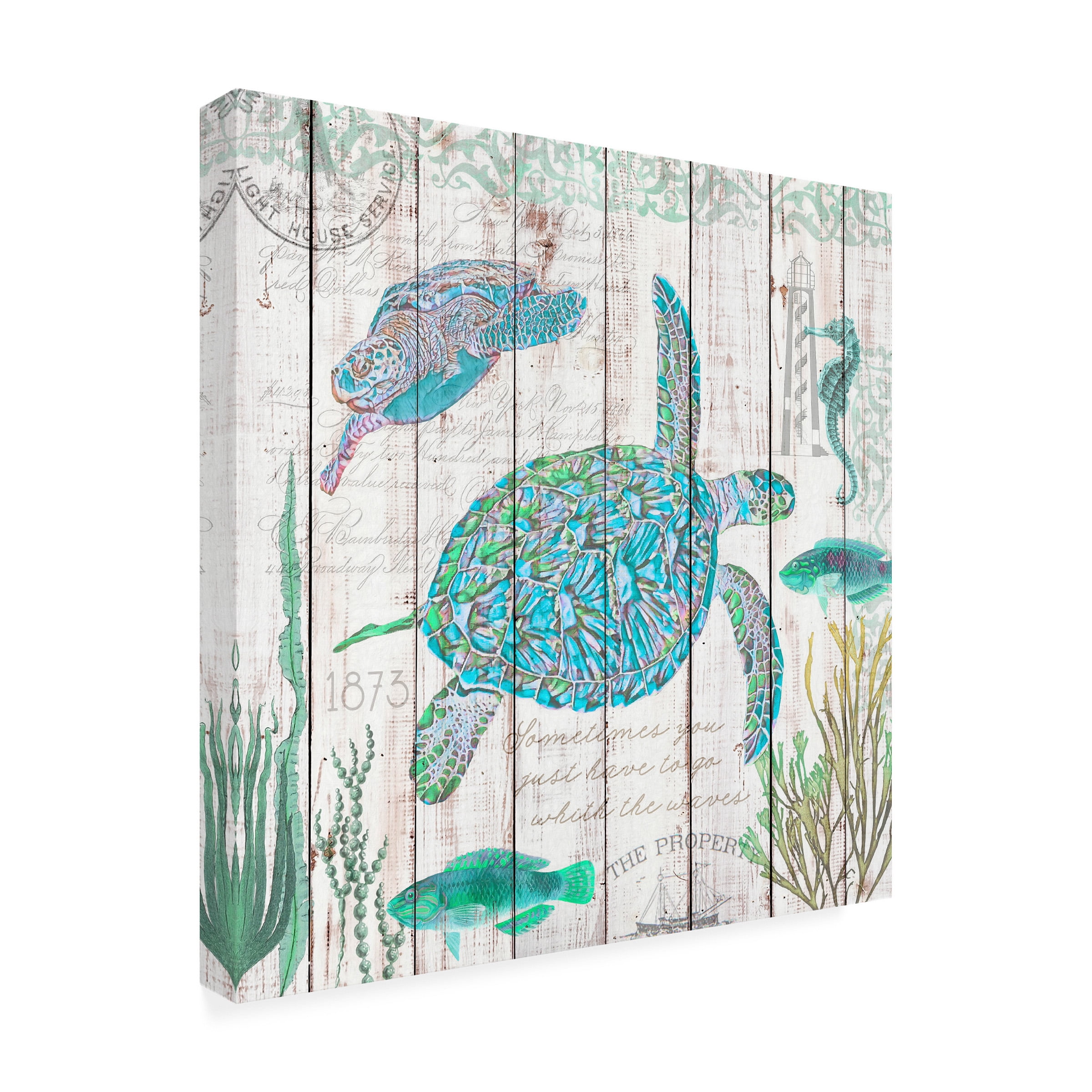 Cora Niele 'Sea Turtles on Driftwood Panel' Canvas Art