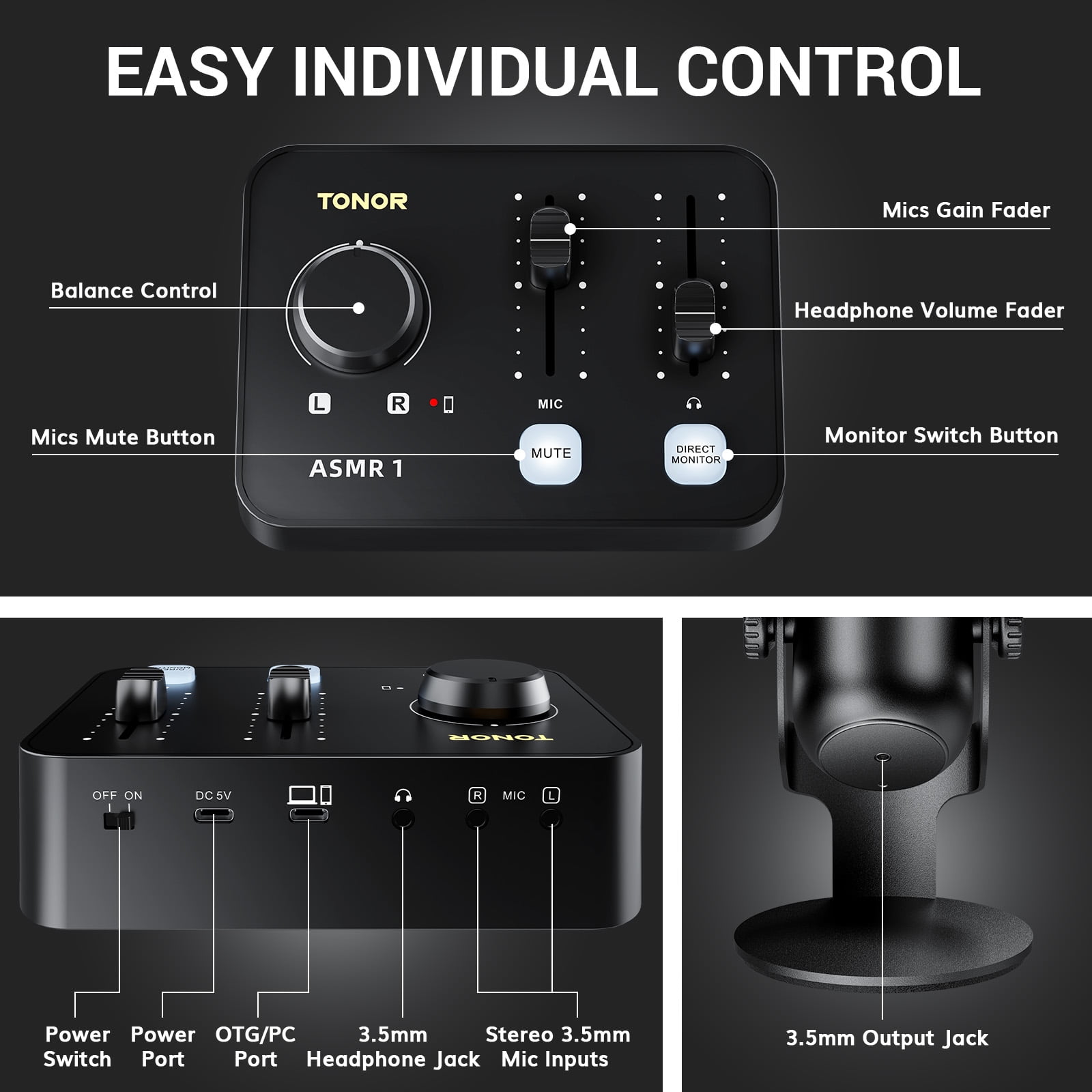 ASMR Microphone Equipment Bundle with Audio Interface, Immersive 3D Stereo Audio, Dual Condenser Mics with Audio Mixer, Clear Sound, Volume Control, with Furry Windscreens, Set for ASMR, Black
