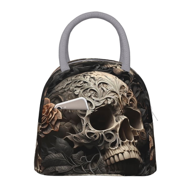 Balery Vintage Pattern Flower Skull Bolsa de Almuerzo para Mujeres, Caja de Almuerzo, Bolsa de Almuerzo Pequeña Impermeable, Tote de Almuerzo Reutilizable con Gran Capacidad