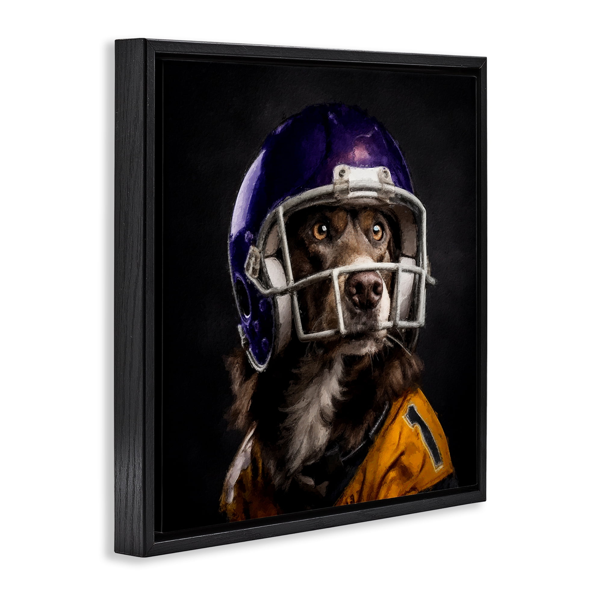Stupell Industries Dog with Football Helmet Animals Painting Black Floater Framed Canvas Art Print Wall Art, 18 x 18
