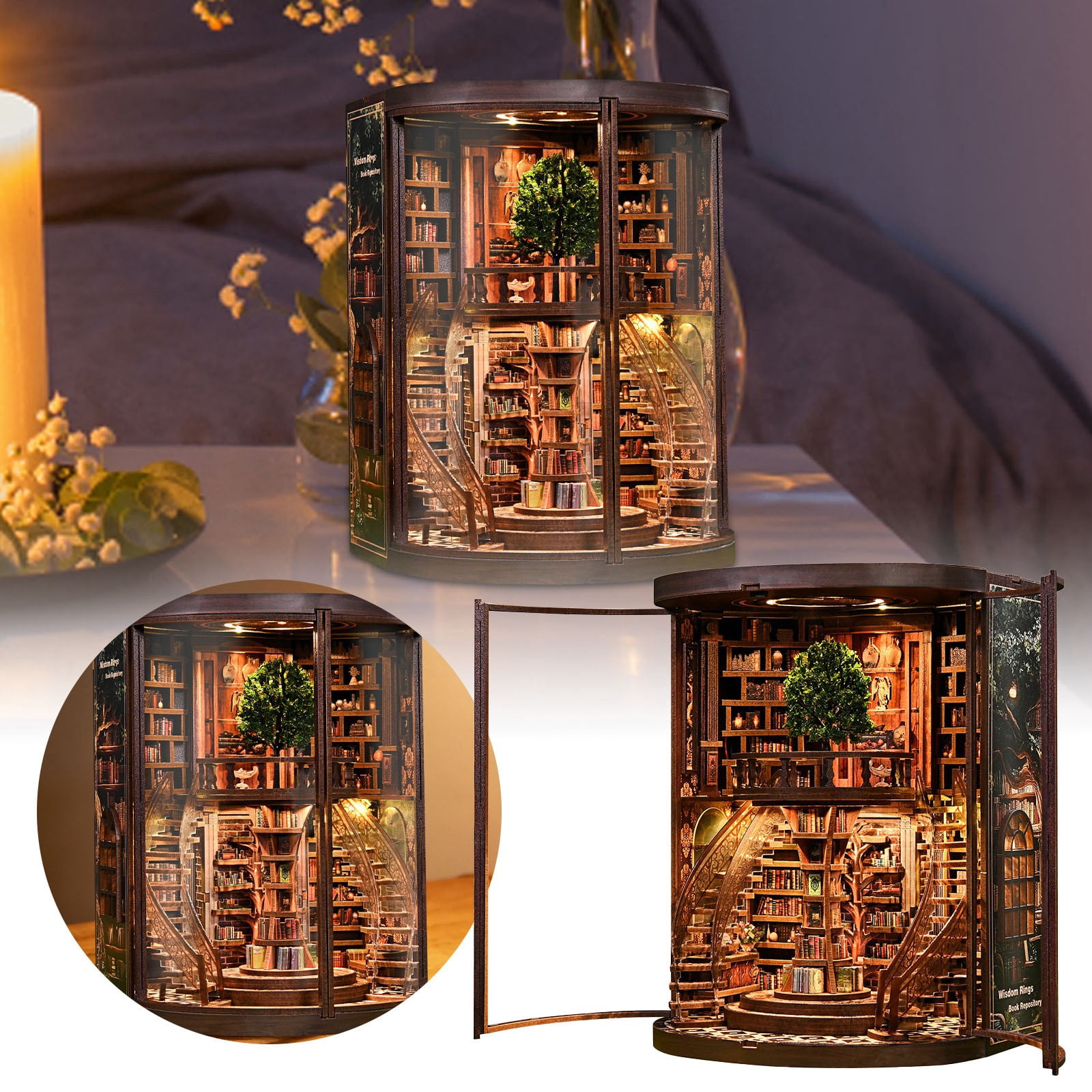 Wisdom Bookstand Cottage Kit, 3D Wooden Puzzles for Adults, DIY Miniature House Kit for Adults, Booknook with LED Light, Gifts for Family, Friends and Book Lovers, Bookshelf Decor(Wisdom Rings)