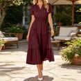 thumbnail image 2 of Bysome Women Dresses Solid Color Short Sleeve V-Neck Pleated Flowy Dress Summer Fashion Women Dress Size L Brown, 2 of 5
