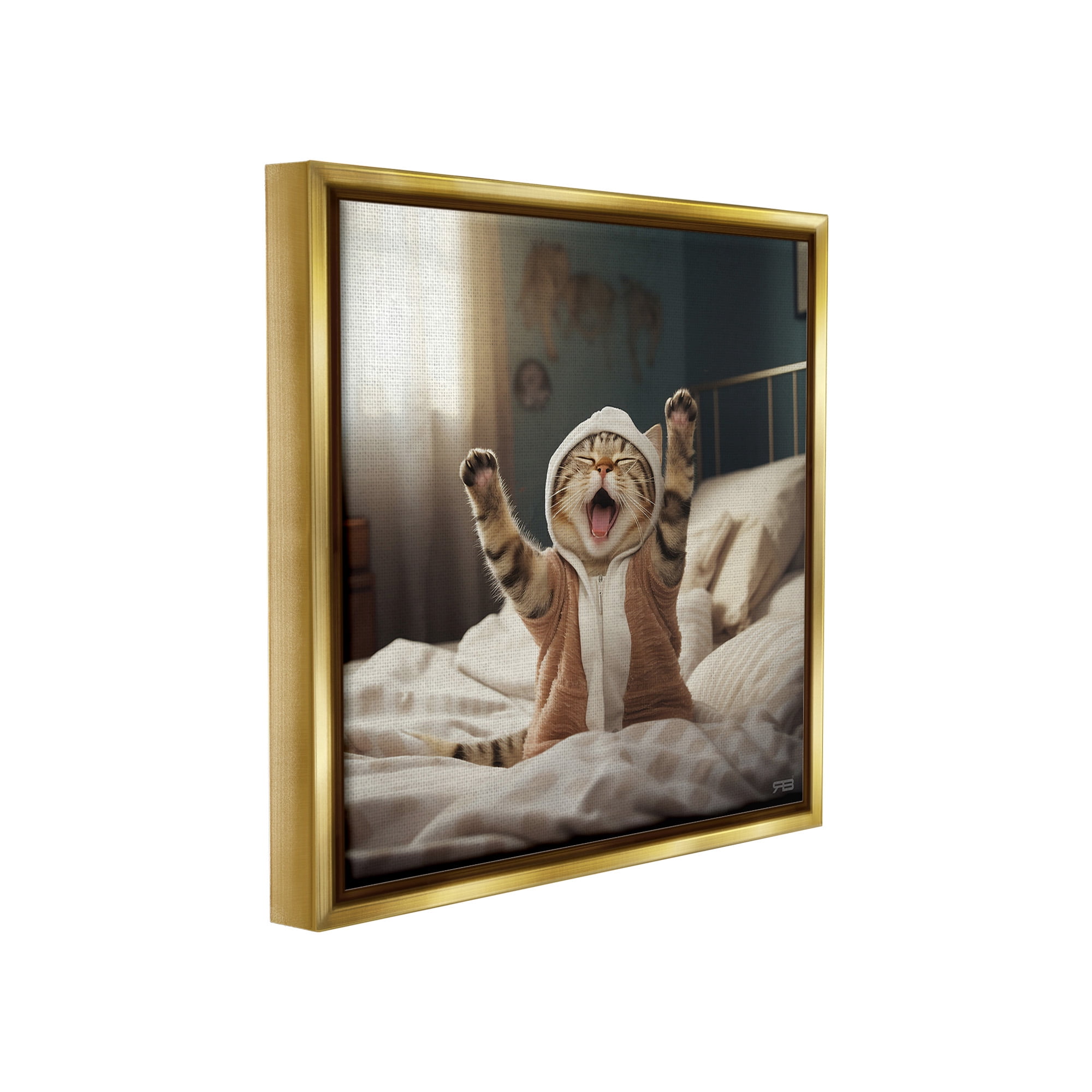 Stupell Industries Yawning Cat in Bed Animals & Insects Painting Gold Floater Framed Canvas Art Print Wall Art, 25 x 25