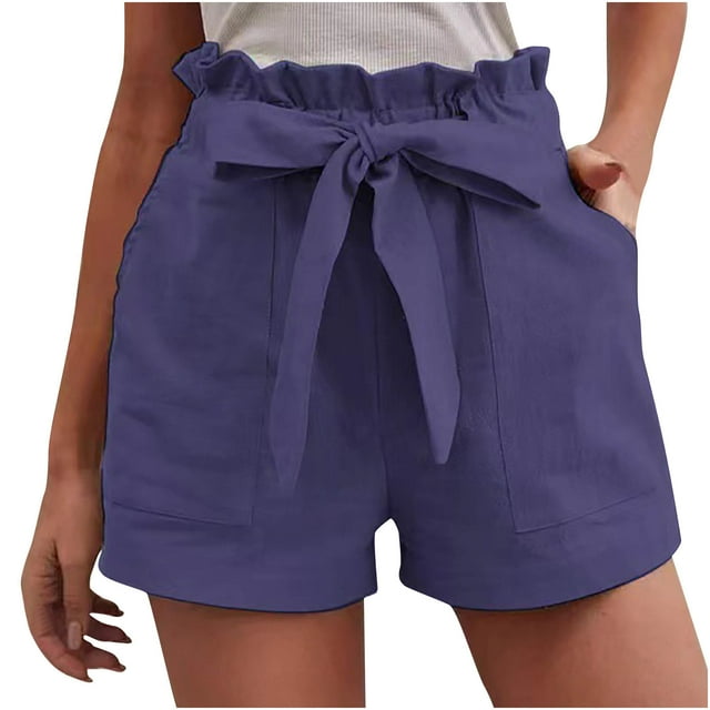 Timegard Cotton Linen Shorts for Women Elastic Waisted Drawstring Casual Paper Bag Shorts with Pockets