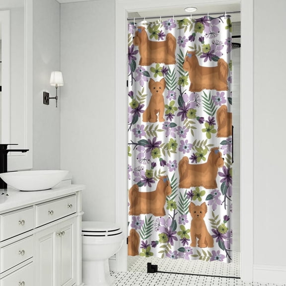Yorkie Dog and Flower Florals Shower Curtain 36x72in ,Bathroom Decorative Shower Curtains Set with 12 Hooks,Modern Waterproof Washable Shower Curtain