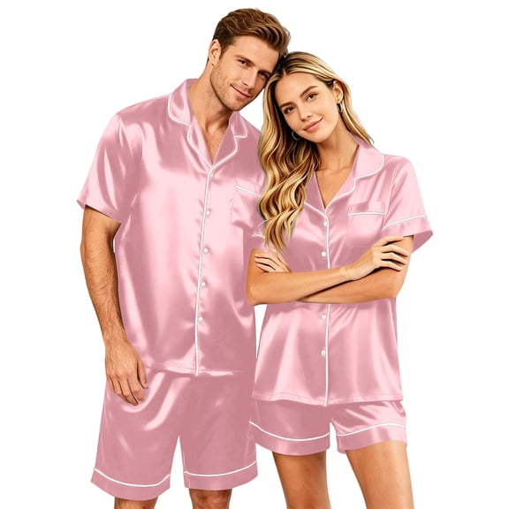 Couples Matching Pajamas Sets Women Satin Short Sleeve Sleepwear Button Down Casual Wear Pjs Set Baggy Soft Nightwear