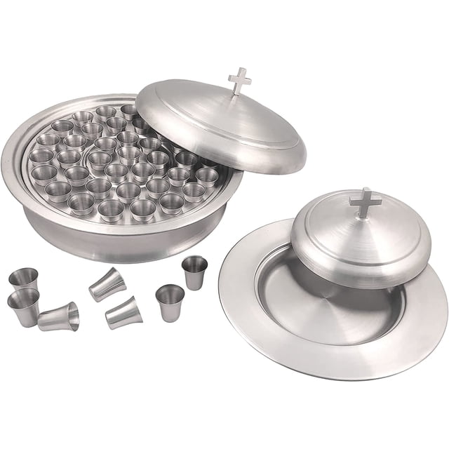 Mayur Export Stainless Steel Communion Ware Holy Wine Serving Tray With A Lid & A Stacking Bread Plate With A Lid + 40 Cups - (Matte)