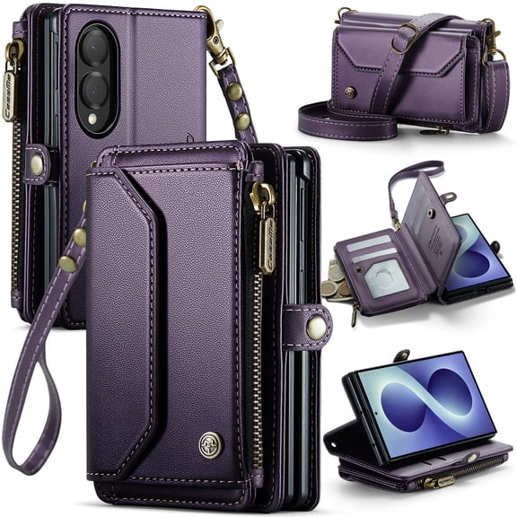 Magcova for Samsung Galaxy Z Fold 8 Case, Heavy Duty RFID Blocking Wallet Case Crossbody Strap Zipper Purse,Purple