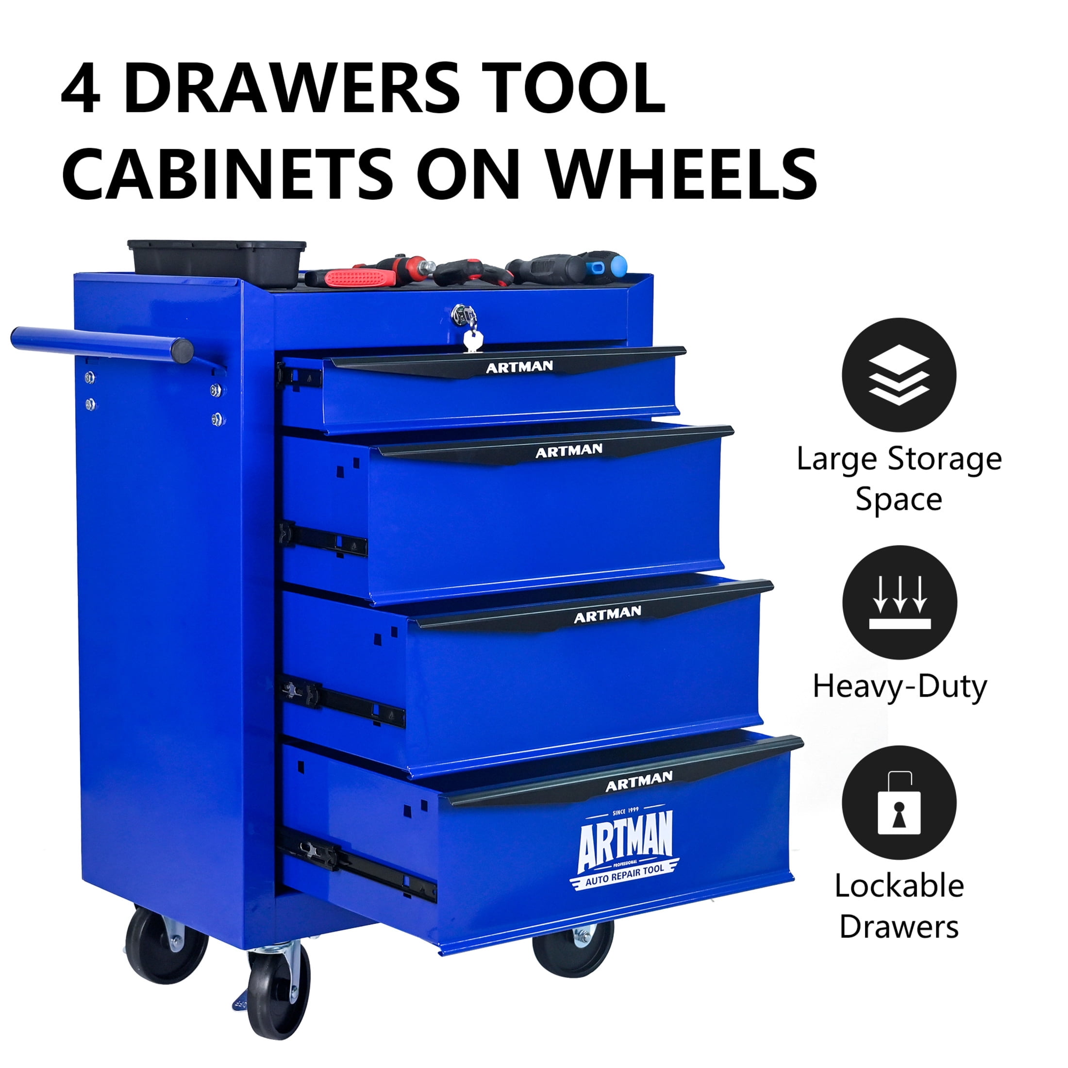 Noble House 4-Drawer Mobile Steel Tool Organizer with Key Lock, Ball Bearing Slide Storage Cabinet Box, Blue