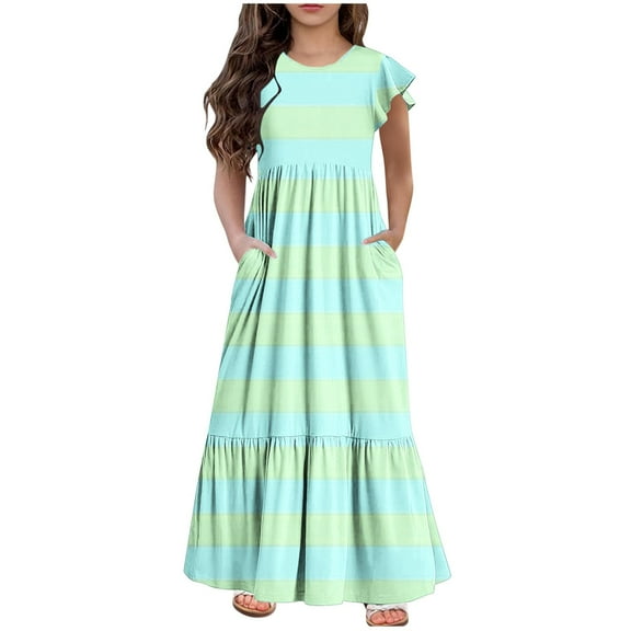 AINIYS Girls Ruffle Sleeve Striped Tiered Dress Round Neck A Line Long Maxi Dresses with Pockets Summer Beach Dresses Light Blue 10 Years