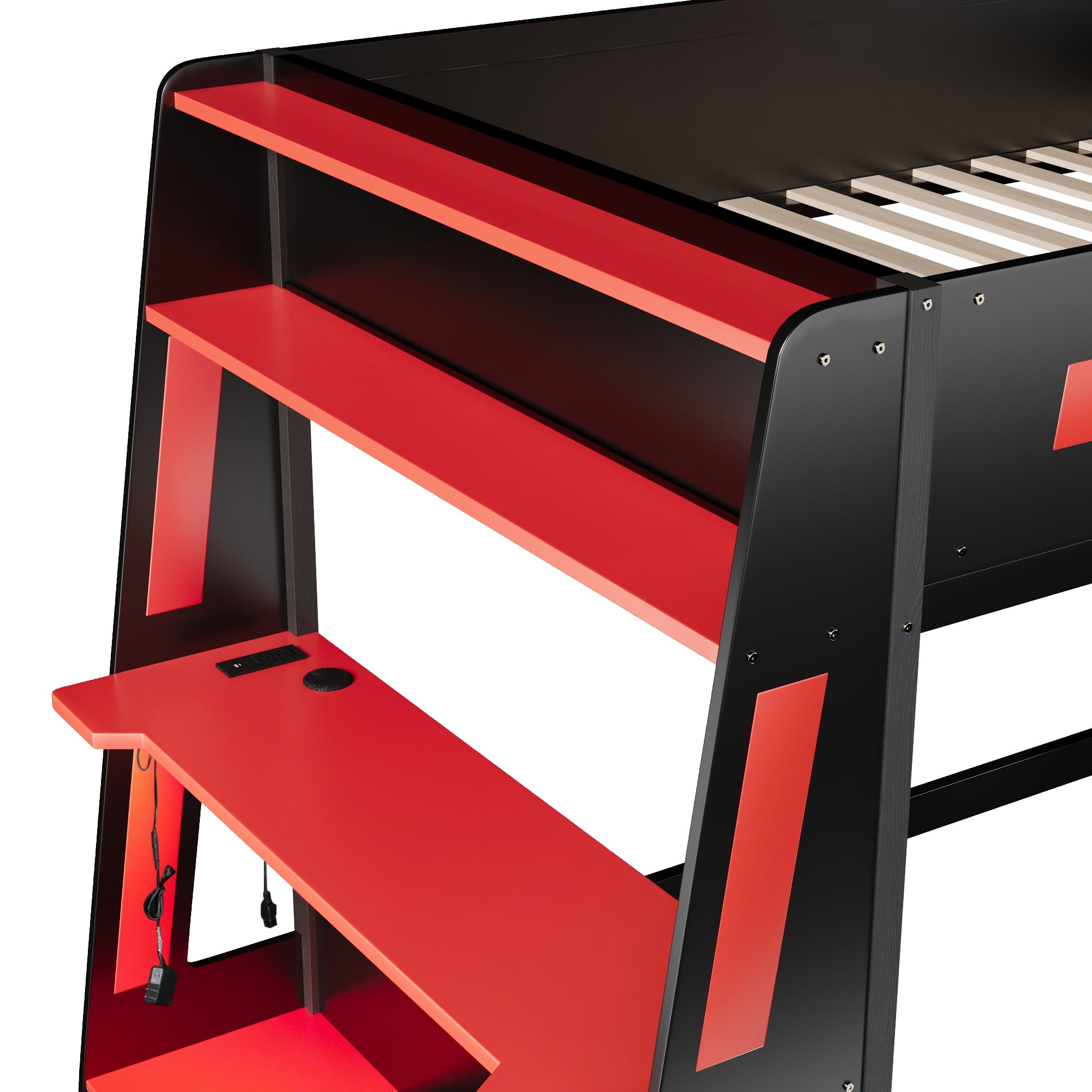 Euroco Wood Full over Full Size Bunk Bed with Shelves, Gaming Bed with Desk, USB Charging and LED Light, Black&Red