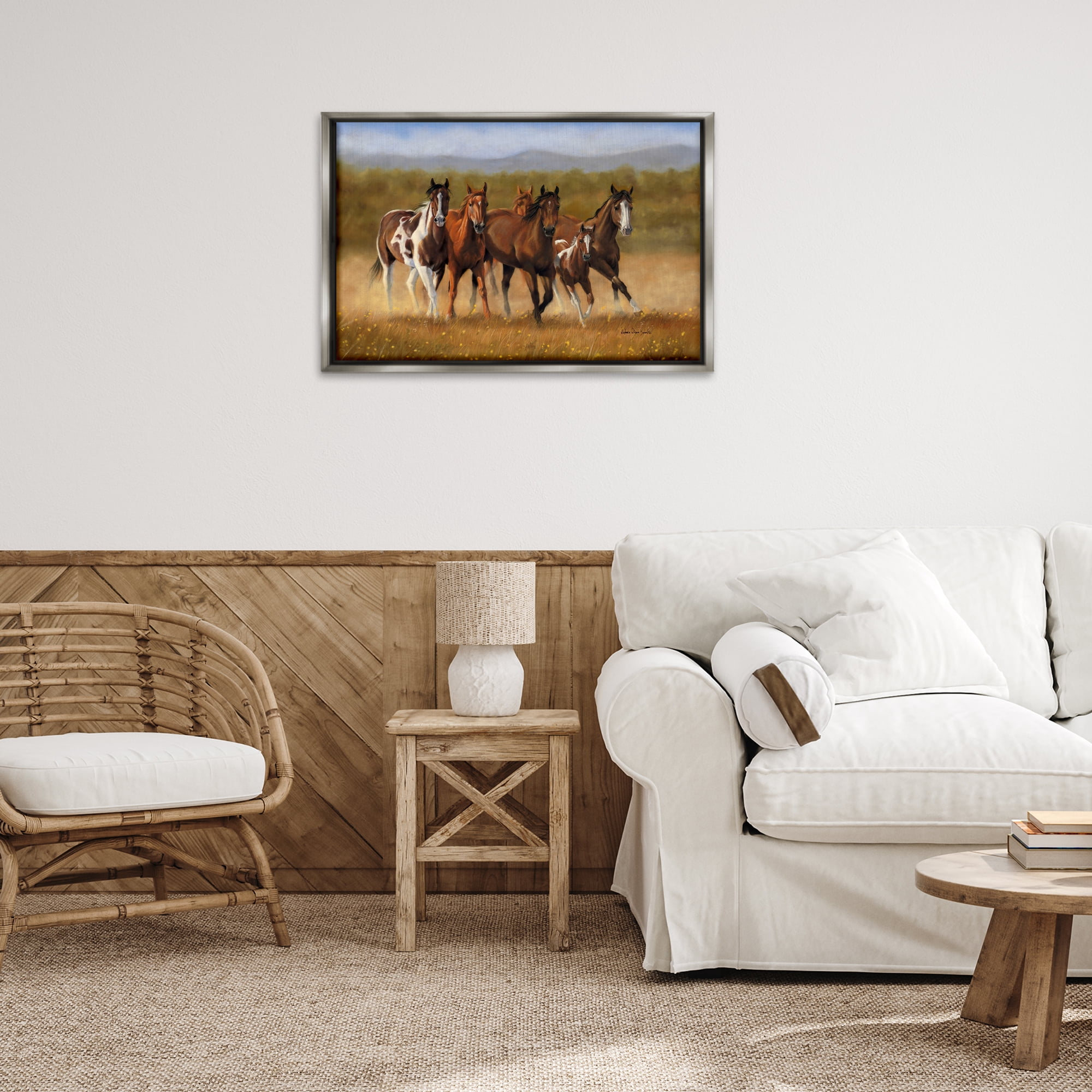 Stupell Industries Foal's First Run Animals & Insects Painting Gray Floater Framed Canvas Art Print Wall Art, 31 x 21