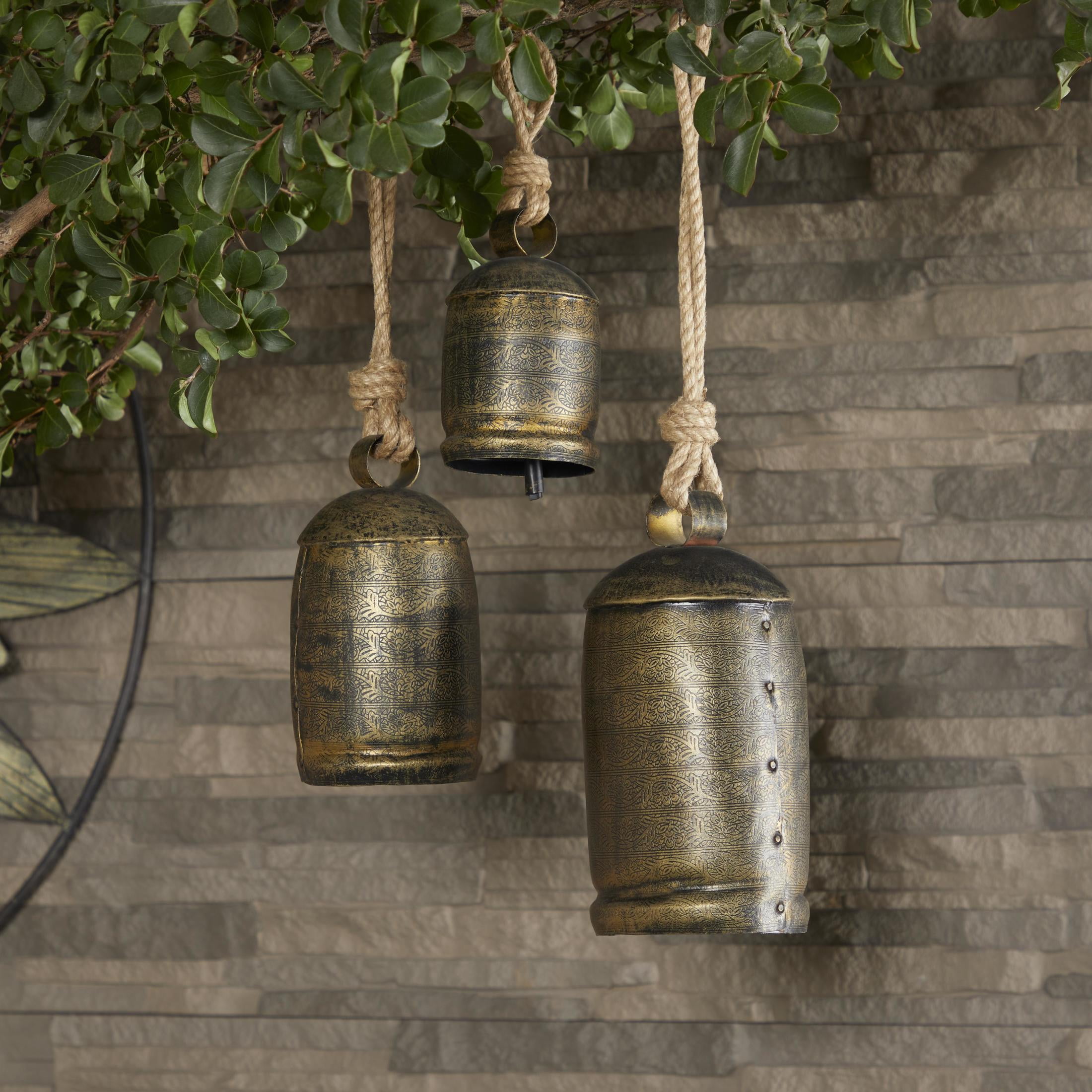 DecMode Bronze Metal Tibetan Inspired Decorative Hanging Bell Chime Set of 3 5", 4", 3"H, Features a Round Shape with Solid Pattern and Metal Clappers