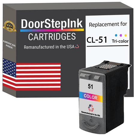 DoorStepInk High Yield Ink Cartridge for Canon CL-51 Tri-Color DoorStepInk Remanufactured in The USA High Yield Ink Cartridge for Canon CL-51 Tri-Color DoorStepInk Cartridge has been remanufactured in the USA using state-of-the-art technology under strict quality control to ensure the quality of all Canon inks at a high level. We remanufacture each cartridge to the highest quality standards to match OEM ink level  color  and performance guaranteed. DoorStepInk is a leader and award-winning recycler of inkjet cartridges. Our Canon ink cartridges allow pictures to come out sharp with strong details for a more realistic appearance and higher quality. Each one is remanufactured using the latest technology and customized equipment to produce the highest quality ink cartridges in the world. It s capable of delivering a wide range of colors. Each print from this tri-color ink cartridge will stay vibrant for a long time. This Inkjet Print Cartridge is also compatible with several different models. Key Features: Every cartridge is remanufactured in the USA Plug and print for brilliant  sharp  and high-quality printouts 100% satisfaction guaranteed Page Yield: Tri-Color 300 Environmentally friendly ink cartridges The use of remanufactured printing supplies does not void your printer