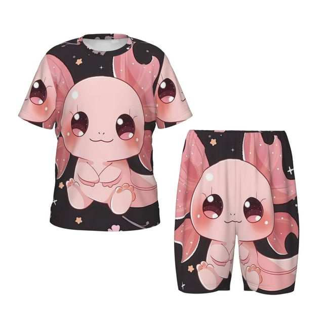 Fotbe Chibi Axolotl Sakura Fantasy Pijama Estampada de 2 Piezas para Niños – Ropa de Dormir de Manga Corta Cómoda para Niños y Niñas, Camiseta y Shorts de Algodón-4X-Large