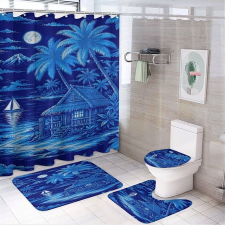 BCIIG Midnight Blue Tiki Hut Moon Palm Tree Sailboat Tropical Hawaiian Seamless Pattern Shower Curtain Set 4 Piece with Soft Bathroom Rugs Carpet Toilet Seat Cover Pad and Anti-slip U-shaped Pad O