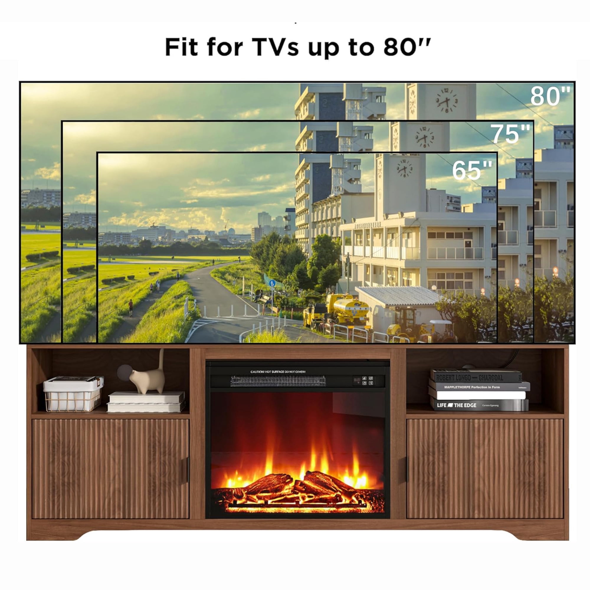 LUCKYELF Fireplace TV Stand, Entertainment Center for TVs up to 80", Wood Media Console for Living Room, Bedroom, Walnut