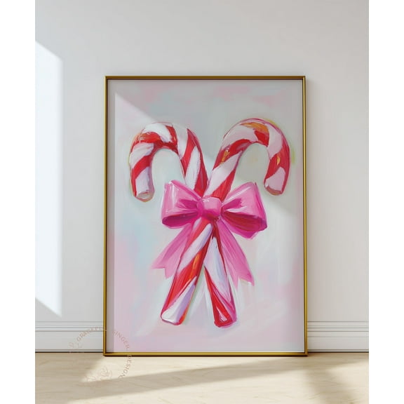Pink Candy Cane Winter Print, Modern Pastel Decor Home Decor #2212, Unframed Poster Size 8x12
