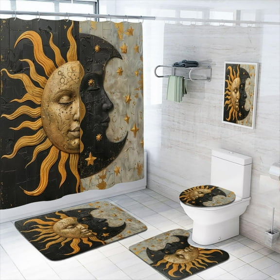 4 Pcs Moon Sun Shower Curtain Set with Rugs,Toilet Lid Cover, Bath Mat, Sky Star Fantasy Cool Art Bathroom Decor Sets Accessories with 12 Hooks