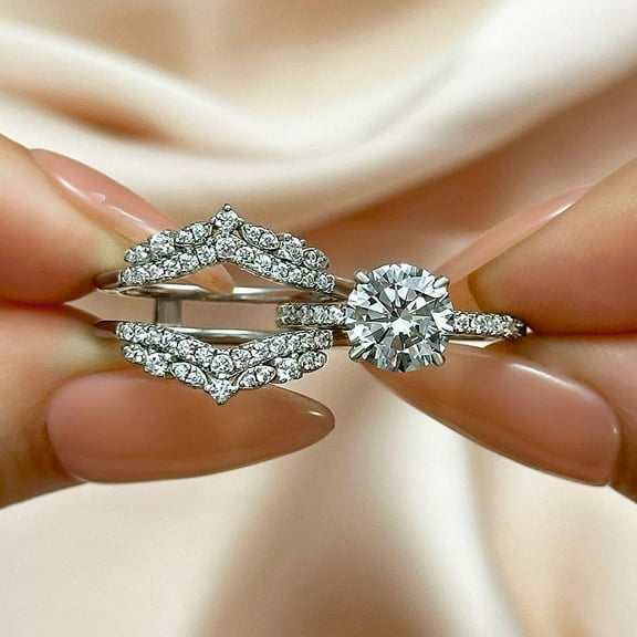 Eloya Jewel Enhancer Band Engagement Ring Set - 1.3 Ct Round Cut Lab Created Diamond in 14K White Gold Plated - Women's Anniversary Jewelry Gift