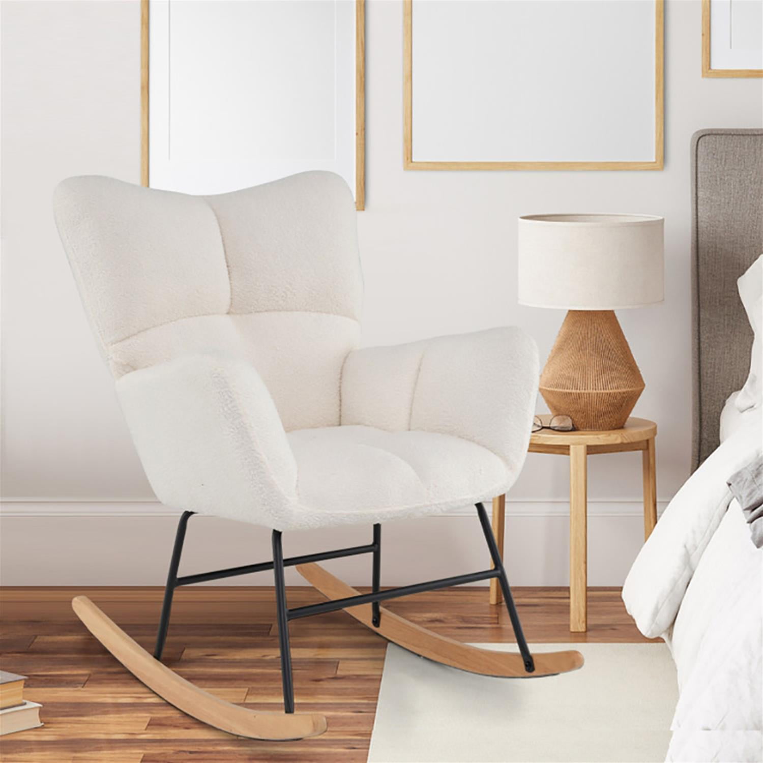 Demi Bonn Upholstered Rocking Chair, Accent Chair with Comfy Backrest and Armrest, Suitable for Home, Living Room and Bedroom, Beige